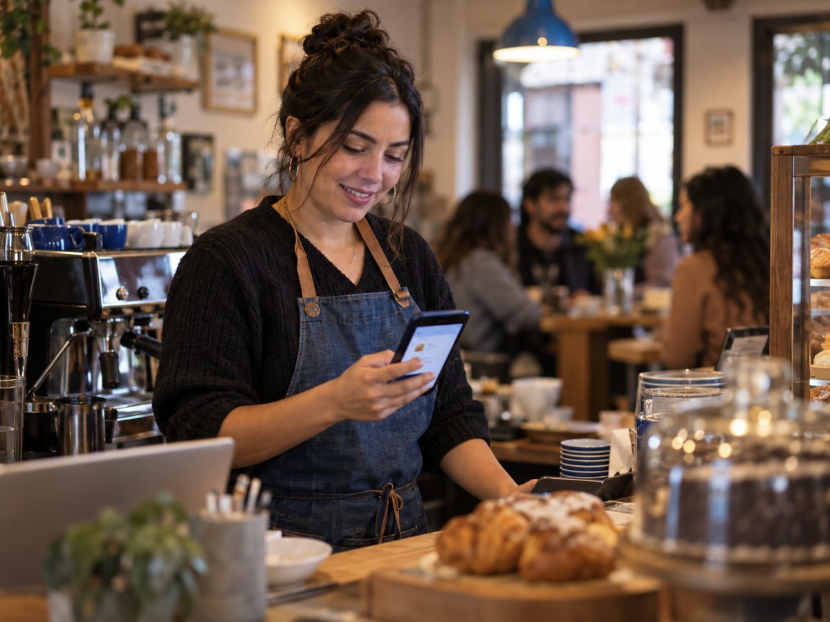 Small business owner checking an order on her phone